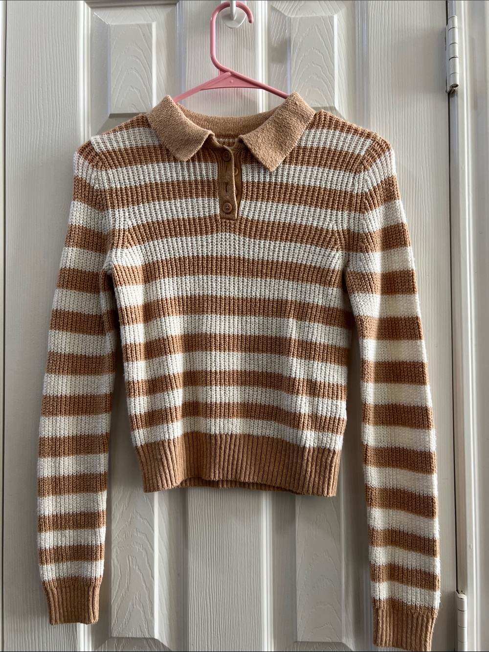 American Eagle Outfitters Striped Polo Sweater - Cream & Brown